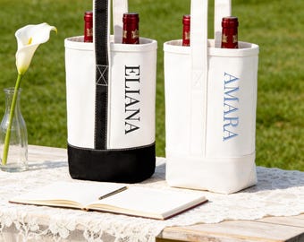 Personalized Embroidered Canvas Wine Tote, Two-Bottle Carrier, Reusable Canvas Wine Bottle Bag, Hostess Gift