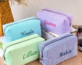 Custom Seersucker Cosmetic Bag, Monogrammed Striped Makeup Pouch, Bridesmaid Gift Organizer, Candy Color Organizer,Monogrammed Toiletry Bag