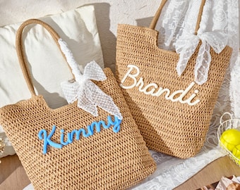 Personalized Embroidered Straw Tote Bag, Custom Monogram Beach Bag, Summer Vacation Tote, Beach Party Gift for Her, Bridesmaid Gift