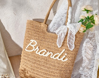 Personalised Straw Beach Tote Bags, Straw Beach Vacation Wedding Favor, Custom Chenille Name Girls Trip Pool Bag, Girls Trip Bag