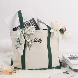 Sac fourre-tout en toile personnalisé avec fermeture éclair Monogramme Cabas de plage Broderie pour elle Cadeau personnalisé Sac fourre-tout avec LOGO personnalisé en vrac