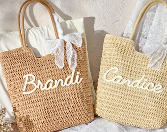 Personalized Straw Beach Tote, Monogrammed Travel Beach Bag, Straw Beach Vacation Wedding Favor, Bachelorette Party Favors