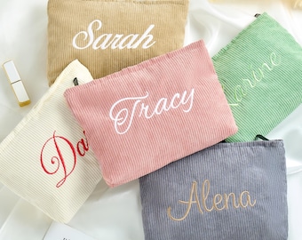 Borsa cosmetica in velluto a coste ricamata, borsa per il trucco personalizzata, borsa da toilette con monogramma ricamato per donna, regali di Natale, regali per damigelle d'onore