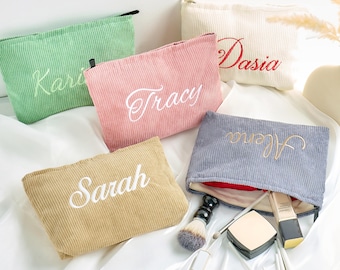 Personalized Embroidered Corduroy Makeup Bag, Embroidered Toiletry Bag, Personalized Name Cosmetic Bag, Beaty Makeup Pouch, Bridesmaid Gift