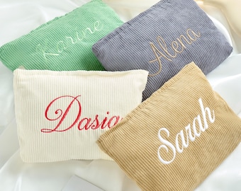 Custom Bridesmaid Corduroy Makeup Bag, Embroidered Makeup Bag, Embroidered Corduroy Cosmetic Bag, Wedding Gift, Gift for Women