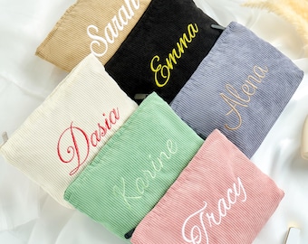 Custom Corduroy Toiletry Bag, Embroidered Corduroy Makeup Bag, Personalized Name Cosmetic Bag, Bridal Shower, Bridesmaid Gift,Christmas Gift