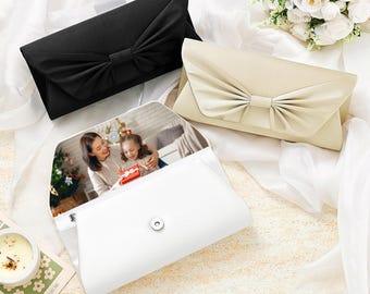 Personalized Silk Bow Tie Clutch with Photo, Pleated Evening Bag, Mother of the Bride Keepsake, Old Photo Prop Purse for Mom