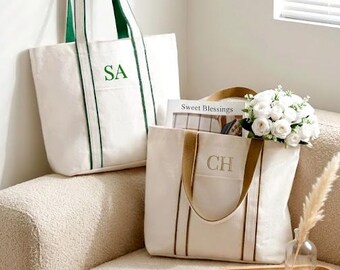 Personalized Embroidered Courtside  Canvas Tote Bag, Monogram Embroidered Initials Tote, Green trim tote bag, travel tote, party favour