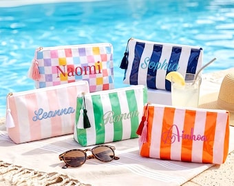 Personalized Embroidered PVC Makeup Bag, Waterproof Striped Travel Cosmetic Bag,  Monogram Wedding Morning Bag, pool Bag