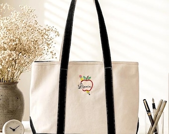Personalized Gift for Teachers with Apple Logo, Custom Name Teacher Appreciation Gift,Teacher Appreciation Gift,Canvas Tote Bag for Teacher