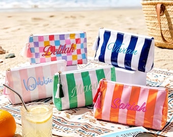 Custom Embroidered PVC Cosmetic Bag, Striped Beach Pouch, Monogram Bridesmaid Gift, Waterproof Cosmetic Pouch, Wedding Morning Bag