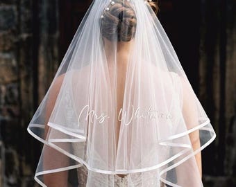Personalized Bride Veil, Custom Embroidered Future Mrs Veil, Ribbon Edge Veil, Pool Bachelorette Veil, Wedding Shower, Gift For Her
