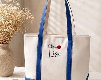 Personalized Teacher Tote Bag, Embroidered School Icons Canvas Bag, Back to School Totes, Teacher Appreciation Gift, Custom Teacher Tote Bag