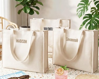 Personalized Embroidered Cotton Canvas Tote Bag, Custom Name Canvas Tote, Embroidered Bridesmaid Gift Bag
