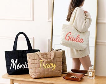 Custom Name Puffer Bag for Women, Personalized Bridesmaid Quilted Tote Bag, Girls Trip Bag, Gift for Sister Best Friend