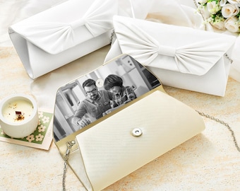 Personalized Bow Tie Clutch with Custom Photo, Mother of Bride Wedding Gift, Custom Wedding Purse, Something Old Photo Prop Purse for Mom