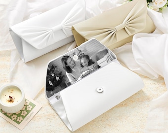 Custom Silk Bow Tie Clutch with Photo Inside, Personalized Wedding Purse for Bride, Woman’s Personalized Clutch/Purse, Bridesmaid Gift