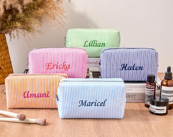 Custom Cosmetic Bag for Bridesmaid, Monogrammed Seersucker Cosmetic Bag, Striped Makeup Pouch, Bridesmaid Gift, Candy Color Organizer