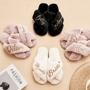 Bridal Shower Gift,Fluffy Bride Bridesmaid Slippers,Bride Slipper Personalized,Bridesmaid Gifts,Bridal Party Slippers,Custom Bride Slippers image 4