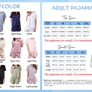 May include: A size chart for adult pajamas with 12 different color options. The chart shows the measurements for the top and shorts in inches for sizes small, medium, large, extra large, and extra extra large. The text states that the pajamas are small and recommends buying a size up.