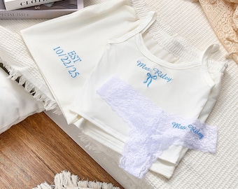 Pijama bordado de señora, camiseta sin mangas y pantalones deportivos, pijama de novia, atuendo para despedida de soltera, regalo de compromiso, camiseta sin mangas y pantalones cortos de señora, camiseta sin mangas y pantalones deportivos de señora