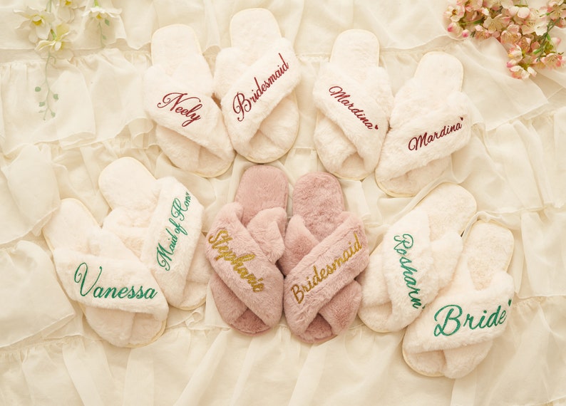 Custom Fluffy Slippers,Custom Bride Slippers,Fluffy Bridesmaid Slippers,Bride Slipper Personalized,Christmas party slippers,Fluffy Slippers image 5