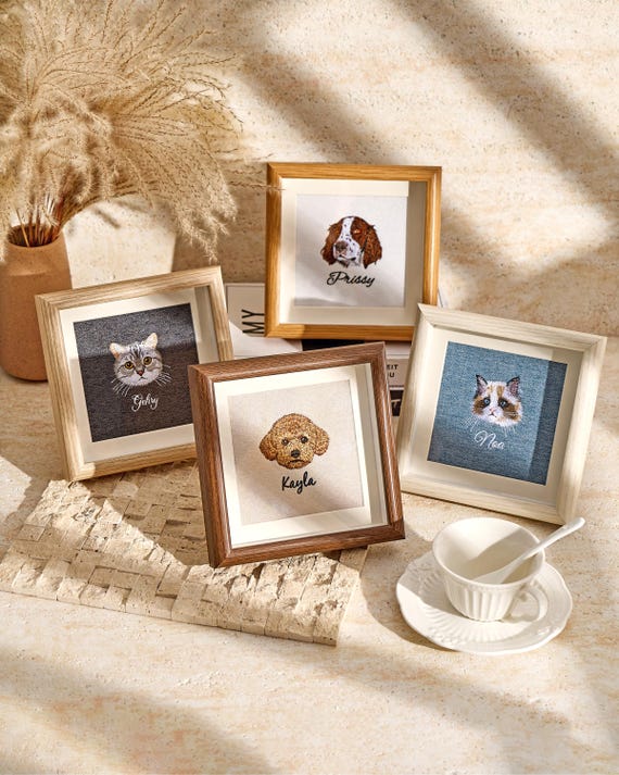 Custom Embroidered Pet Portrait Frame, Handmade Pet Lover Gift, Personalized Cat Memorial Gift, Pet Loss Keepsake