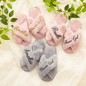 Custom Fluffy Slippers,Personalized Kid Slippers Flower Girl Slippers  Flower Girl  Party Favors Gifts for Kids Fluffy Slippers
