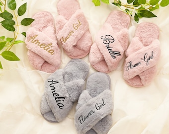 Custom Fluffy Slippers,Personalized Kid Slippers Flower Girl Slippers  Flower Girl  Party Favors Gifts for Kids Fluffy Slippers