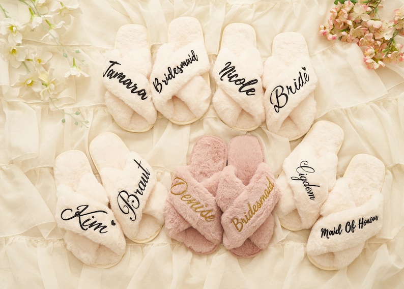 Custom Fluffy Slippers,Custom Bride Slippers,Fluffy Bridesmaid Slippers,Bride Slipper Personalized,Christmas party slippers,Fluffy Slippers image 7