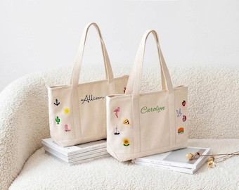Personalized Icon Embroidered Canvas Tote, Custom Name Canvas Tote, Cute Icon Tote Bag, Monogram Gift for Her