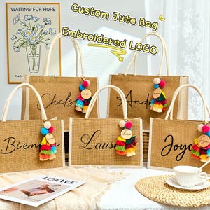 Bolsas de arpillera personalizadas con dije, bolsas de arpillera, bolsa de arpillera bordada para dama de honor, bolsa de playa con monograma, bolsa de despedida de soltera bordada