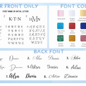 May include: A graphic showing different font styles and colors for a personalized necklace. The front of the necklace can be customized with a letter, initials, or a name. The back of the necklace can be customized with a name in a variety of font styles. The font colors include rose gold, bright silver, soft metal champagne gold, silver glitter, sky blue glitter, red glitter, royal blue glitter, black glitter, green glitter, gold glitter, pink glitter, and purple glitter.