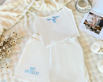Embroidered Mrs. Pajama Tank for Bride,  Bridal Pjs, Bride Pajamas, Bride Tank Top ,Getting Ready Outfit for Bride,Engagement Gift for Her
