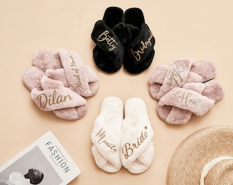 Custom Bride Slippers,Fluffy Bridesmaid Slippers,Bridal Party Slippers,Bridesmaid Gifts,Personalized Kid Slippers Flower Girl Slippers