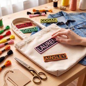 Custom Embroidered Iron-On Rectangle Name Patch: Applique for Vest, Jacket, Clothing, Backpack, Uniform