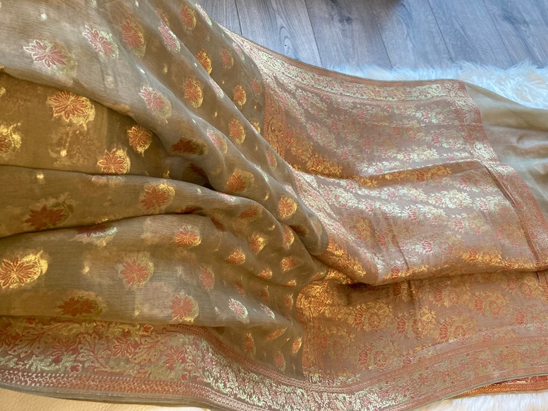 Khaki banarasi sari