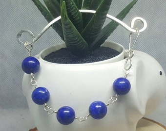 Hammered Sterling Silver Bar and Beautiful Lapis Lazuli Bead Chain Bracelet, hand forged and wire wrapped