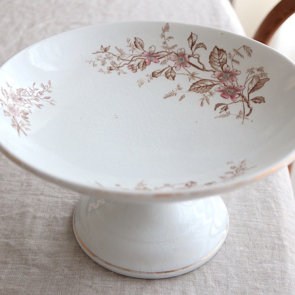 Antique France Haviland Limoges Porcelain Hand Painted Pink Brown Flower Footed Fruit Bowl Compote Pedestal Beautifully Crazed