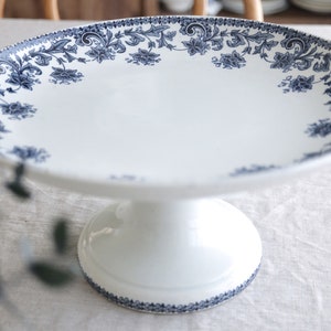 Antique French Terre De Fer St. Amand model &quot;JANE&quot; Blue Floral Footed Fruit Bowl Compote Pedestal Compotier