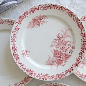 Antique France Earthenware F F Pexonne model Liseron Red Floral 9&quot;(22.5cm) Dinner Plate