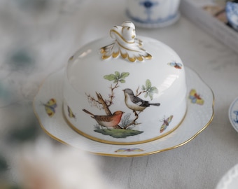 Bol/quesera Herend Rothschild vintage con tapa de pájaro, porcelana pintada a mano, Hungría, ribete dorado, años 60-70, porcelana fina de colección.
