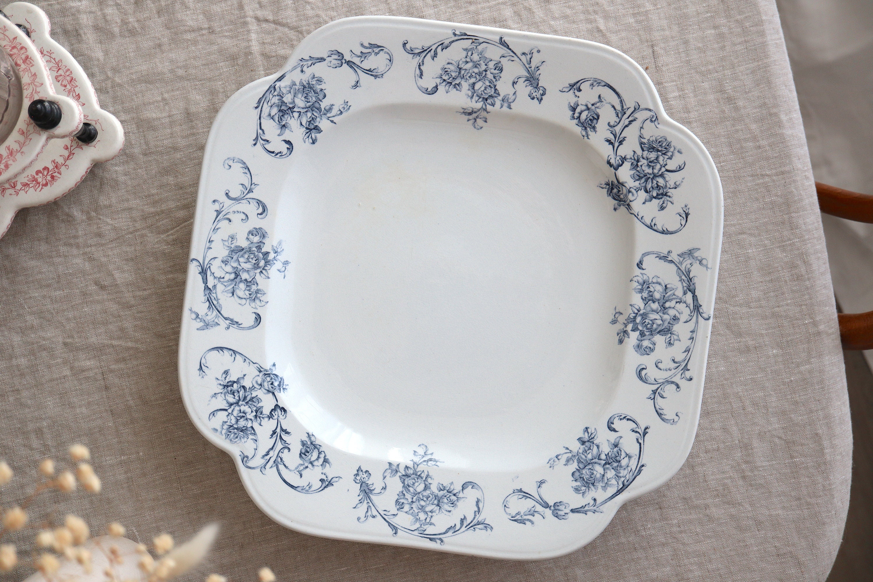 Antique Petrus Regout décor Ortus Large Square Platter made in Holland Dark Blue Floral Design Vintage Earthenware Transferware