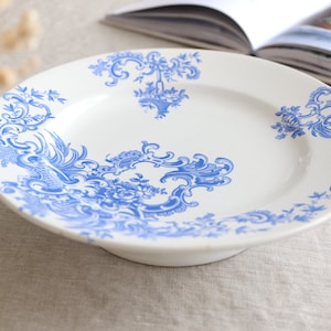 Antique Boch Frères Model Regent Blue Floral Design Footed Compote Pedestal Cake Stand Made In Belgium Excellent Condition