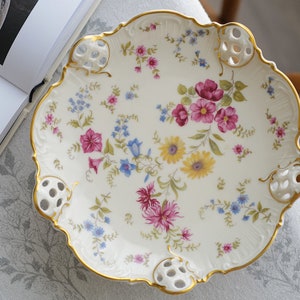 VTG Rosenthal Kronach Germany Florida Moliére 42 Reticulated Footed Dish Bowl Multi color flower bouquet compote/pedestal
