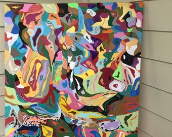 Unique Cow Cow Painting, 36" x 36" Multicolored Abstract Acrylic Art, Original Decor