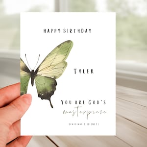 Personalized Birthday Greeting Card, You Are God&#39;s Masterpiece Card, Biblical Birthday Card, Watercolor Butterfly Birthday Card, Custom Card