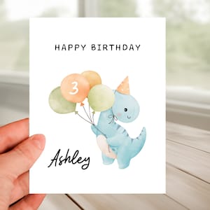 PERSONALIZABLE Child&#39;s HAPPY BIRTHDAY Greeting Card - Watercolor Cute Baby Dinosaur With Balloon, Birthday Card to Grandchild, Niece, Nephew