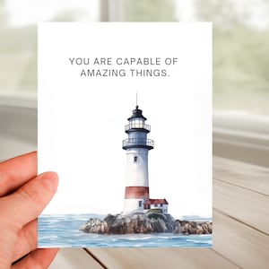 Inspirational, Empowering Greeting Card, Believe in yourself, for you are capable of amazing things, Watercolor Seaside Lighthouse Card
