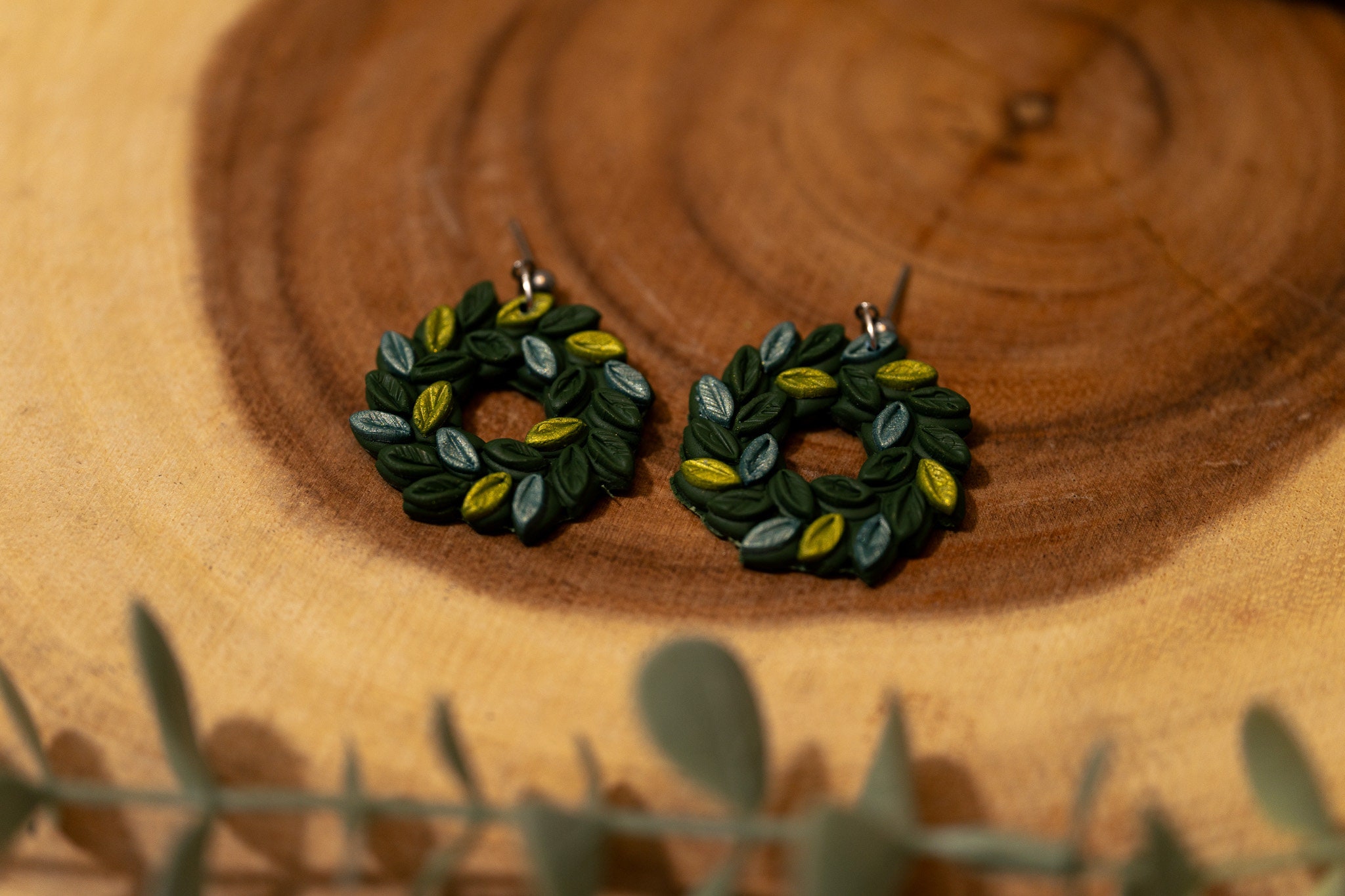 Festive Leafy Wreath Christmas Earrings | Polymer Clay New Year Party Handmade